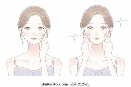 A woman's before and after taking facial sebum with a piece of paper. On a white background.