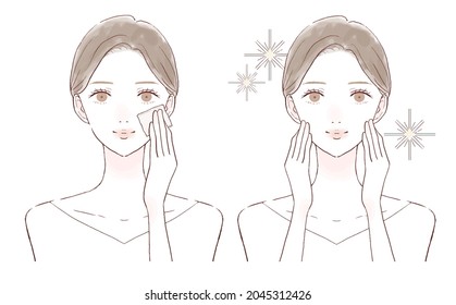 A woman's before and after taking facial sebum with a piece of paper. On a white background.