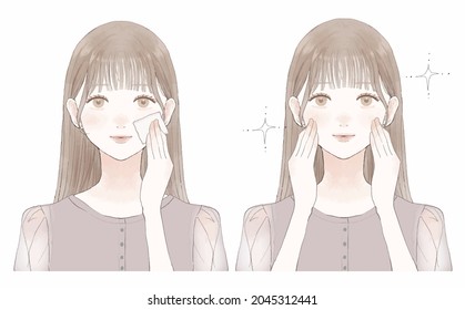 A woman's before and after taking facial sebum with a piece of paper. On a white background.