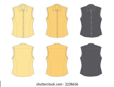 Woman's blouse, sleeveless, three different colours, front and back view.