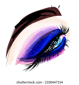Das blaue Auge der Frau mit perfekter, lebendiger Make-up und langen Wimpern. Handgezeichnete moderne Mode, Vektorgrafik von schönen weiblichen Gesicht Detail. Schönheitskizze für Kosmetikdesign.
