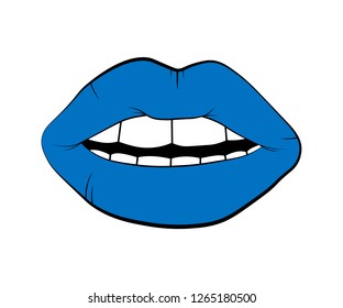 Dibujo de labios azules de mujer. Símbolo vectorial de labio aislado en fondo blanco. contorno de labio negro beso. ilustración de icono lineal.