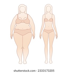 Woman's body before and after weight loss. Old fat, perfect shape female silhouette. Slimming Body transformation girl. Rejuvenating treatments. Liposuction, diet, plastic surgery. Vector illustration svg
