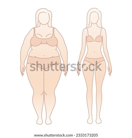 Woman's body before and after weight loss. Old fat, perfect shape female silhouette. Slimming Body transformation girl. Rejuvenating treatments. Liposuction, diet, plastic surgery. Vector illustration