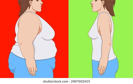 A woman's body with belly fat. Before, after. Healthcare illustration. Vector illustration. 