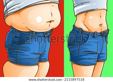 A woman's body with belly fat. Before, after. Healthcare illustration. Vector illustration. 