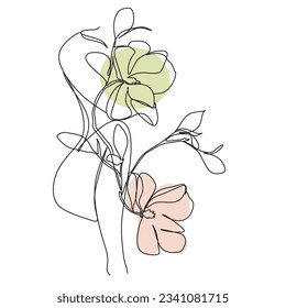 Woman's Body with Flowers and Leaves One line. Vector.