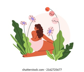 Womans body in flowers, plants. Female in unity, harmony with nature. Lady outdoors. Self-love and perception, psychological concept. Flat vector illustration isolated on white background.