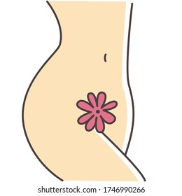 Woman's Body Icon. Intimacy, Body Care, Hygiene, Weight Losing Concept. Torso Of Slim Attractive Naked Woman With Flat Belly And Flower Into Intimate Zone. Vector Stock Illustration.