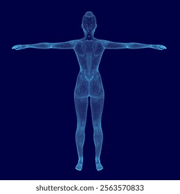 Woman's body is shown in a blue color scheme. The image is a computer-generated rendering of a human body, with the woman's arms extended and her legs spread apart