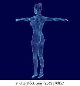 Woman's body is shown in a blue color scheme. The image is a computer-generated rendering of a woman's body, and it is a 3D model