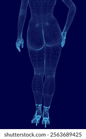 Woman's body is shown in a blue color wireframe. The image of a woman's body, with her legs and feet visible. Scene is futuristic and somewhat eerie