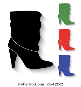 woman's boots icon - black and colored (green, red, blue) illustration with shadow