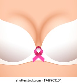 Woman's breast in bra, pink loop-shaped ribbon as symbol of breast cancer awareness, woman health and healthcare concept