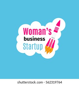 Womans business startup logo design template with pink rocket in cloud. Vector illustration