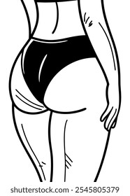 Der Hintern einer Frau ist schwarz gezeichnet. Die Zeichnung ist von einer Frau, die einen Bikini trägt. Der Hintern der Frau ist sehr detailliert gezeichnet, wobei sich die Künstlerin auf die Kurven und Linien des Körpers der Frau konzentriert