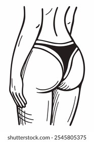 Der Hintern einer Frau ist schwarz-weiß gezeichnet. Die Zeichnung ist von einem Frauenfuß mit einem schwarzen Bikini-Oberteil
