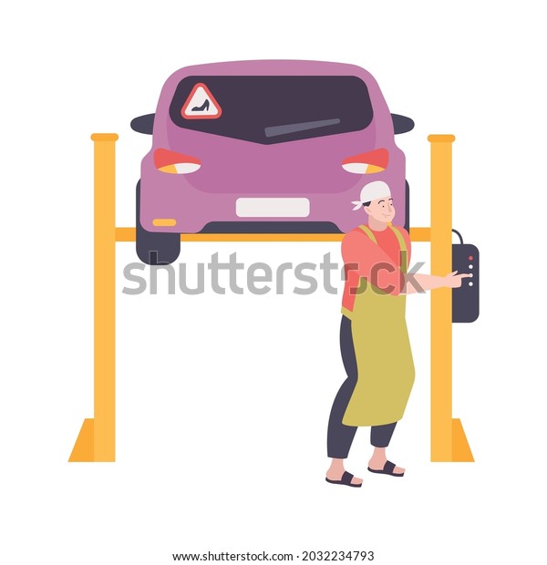 Womans car on lift and happy mechanic at\
repair shop flat vector\
illustration