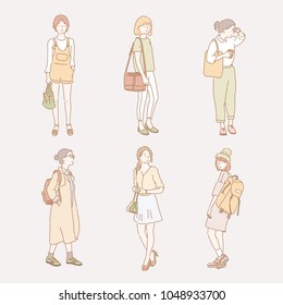 woman's casual fashion styles. hand drawn style vector doodle design illustrations.