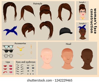 Woman's Character Constructor. Cartoon Woman's Face Parts, Creation Spare Parts. Cartoon Style Faces. Body Part. Vector Illustration.