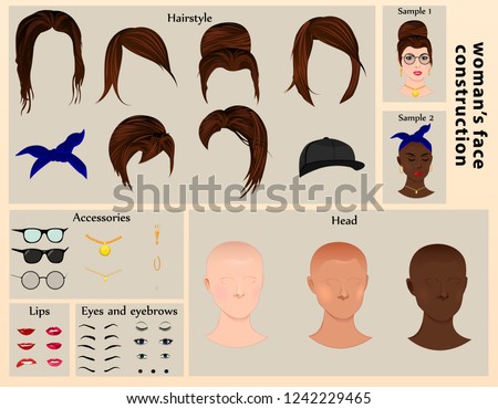 Woman's Character Constructor. Cartoon Woman's Face Parts, Creation Spare Parts. Cartoon Style Faces. Body Part. Vector Illustration.