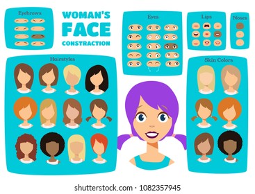 Woman's Character Constructor. Cartoon Woman Face Parts Creation Spare Parts. Cartoon Style Faces. Body Part. Vector Illustration