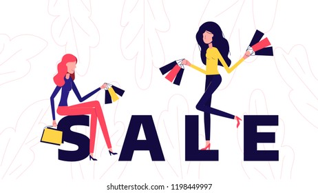 Womans character with shopping vector illustration. Flat design. Girls with shopping bags banner. Big Sale. Vector illustration