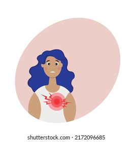 The woman's chest hurts. The topic of breast cancer.