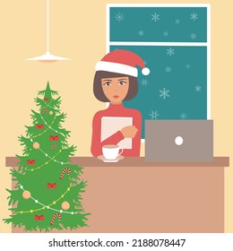  Woman's Christmas happiness. Christmas tree, gifts. Vector illustration.