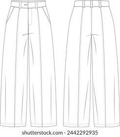 woman's classic pants flat sketch , High waist bottom, oversized fit trousers , Front pleated pants , bottom flat sketch vector front and back view 
