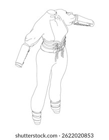 A woman's cloth is drawn in black and white. The outfit is a black and white dress with a black belt.