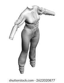 A woman's cloth is shown in a 3D model, with her arms crossed and legs crossed. The outfit is a white dress with a black belt. Scene is one of elegance and sophistication