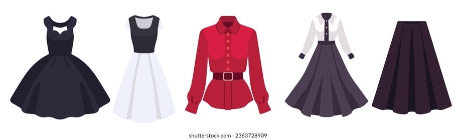 Woman's clothes set vector illustration, flat woman's clothes, dress, skirt, set collection vector isolated on a white background