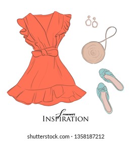 Woman's clothes shopping concept. Flatlay closet with dress, heels, bag and acessories vector illustration. Hand drawn fashion sketch 