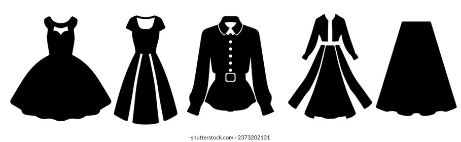 Woman's clothes silhouette set vector, black woman's clothes icon, dress, skirt, set collection vector isolated on a white background