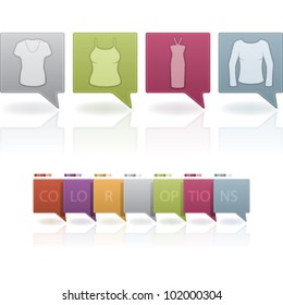 Woman's Clothing theme icons set from left to right: T-shirt, Sleeveless shirt, Elegant dress, Ball gown.
