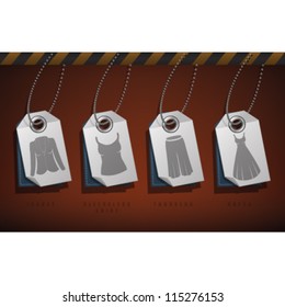 Woman's Clothing theme icons set from left to right: Jacket, Sleeveless shirt, Trousers, Sundress.