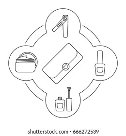 Woman's clutch contents linear icons set. Nail polish bottles, manicure, tweezers, face cream jar. Isolated vector illustrations