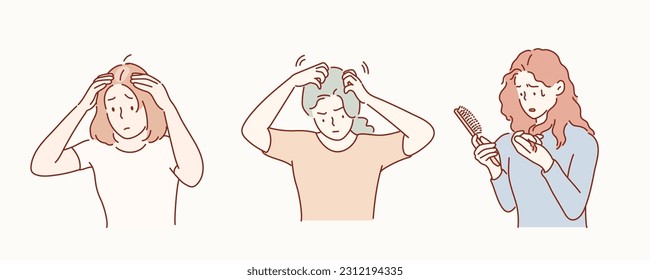 woman's common hair problems are hair loss, thinning hair, bald, damage. Hand drawn style vector design illustrations.