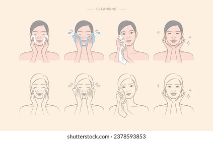 Woman's cosmetic skin care routine. Female character cleansing face