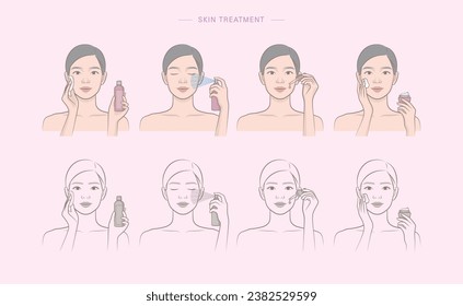 Woman's cosmetic skin care routine_Female character applying a toner, mist spray, ampoule, lotion, cream