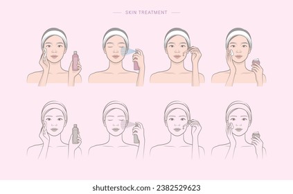 Woman's cosmetic skin care routine_Female character applying a toner, mist spray, ampoule, lotion, cream