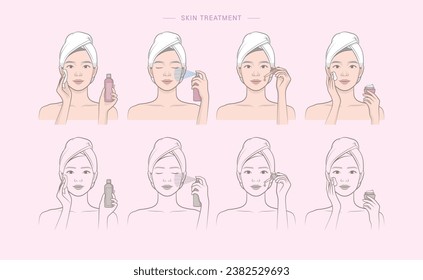 Woman's cosmetic skin care routine_Female character applying a toner, mist spray, ampoule, lotion, cream