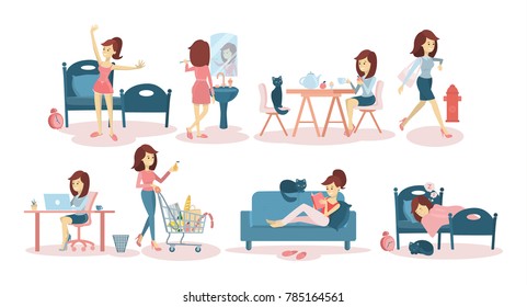 Woman's daily routine at home and at work.