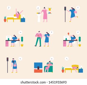 A woman's daily routine. time sequence information graphics. flat design style minimal vector illustration.