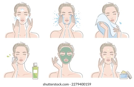 Woman's daily skin care routine. Washing face and facial treatment. Vector illustration isolated on white background.