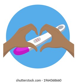 Woman's dark skin hands make a heart shape over a pregnancy test with a positive result in two lines. Planning baby, motherhood and health care concept.