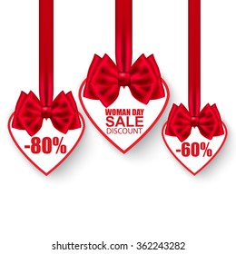 Womans day 8 march collection heart sale tag with bows. Can be used for e-commerce, store, e-shopping, flyers, posters, web design and printed materials.