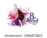 Woman's Day 8 March with Eight Number, leaves on purple background, international women day