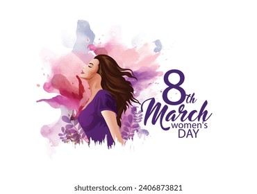 Woman's Day 8 March with Eight Number, leaves on purple background, international women day